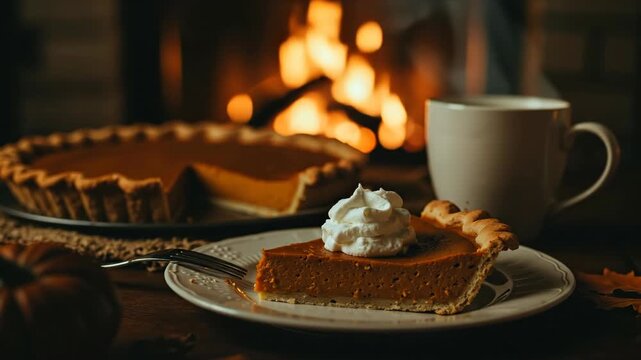 Slice of pumpkin pie with whipped cream on plate by warm fireplace. cozy autumn still life banner. comfort food and hygge concept. thanksgiving holiday dessert