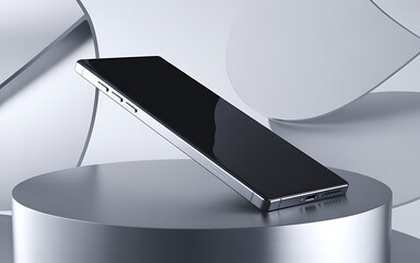 Sleek modern smartphone with a black screen resting on a metallic pedestal against a minimalist abstract background