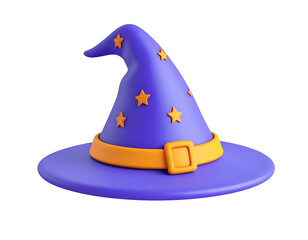 3D rendered purple wizard hat with orange stars and buckle on a black background