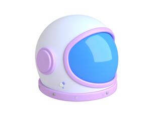 Minimalist 3D rendered astronaut helmet with blue visor and purple details isolated on a black background.