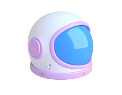 Minimalist 3D rendered astronaut helmet with blue visor and purple details isolated on a black background.
