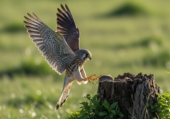 Fototapeta premium Common kestrel with spread wings landing on a tree stump after catching a mouse in a field