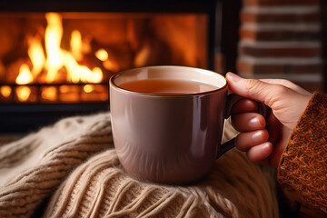 Cozy tea scene with fire and blanket, perfect for teaching children about emotional regulation and healthy habits
