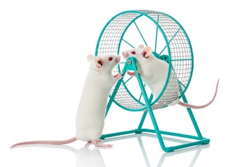 Two white albino mice playing together on a turquoise running wheel against a white background