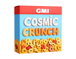 GMI Cosmic Crunch Cereal Box with Colorful 3D Text and Mixed Cereal Rings