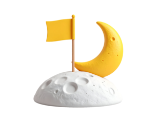 3D Yellow Crescent Moon and Flag on Moon Surface. Space Exploration and Achievement Concept.