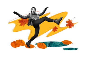 Composite trend artwork image collage of autumn season fall weather leaves clouds outdoors nature young lady wide step rain puddle grimace