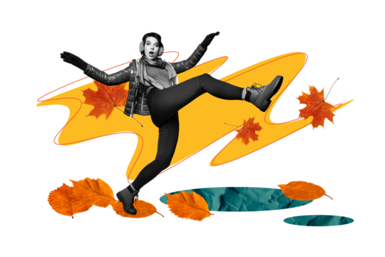 Composite trend artwork image collage of autumn season fall weather leaves clouds outdoors nature young lady wide step rain puddle grimace