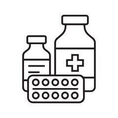 Medicine bottles and pills blister pack line icon. Vector illustration of pharmaceutical drugs, medication, and healthcare supplies.”
nt