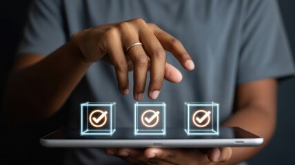 Person interacting with digital checkboxes on a tablet screen