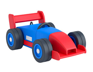 3D rendered blue and red toy race car isolated on black. Minimalist cartoon style formula racing vehicle.