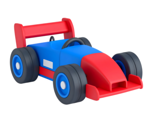 3D rendered blue and red toy race car isolated on black. Minimalist cartoon style formula racing vehicle.