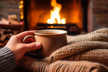 Hand holding a warm mug of tea by the fireplace, symbolizing comfort, mindfulness, and the importance of rest and routine
