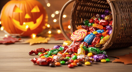 A wicker basket tipped over, spilling a vibrant cascade of assorted Halloween candies and sweets onto a wooden table, with a glowing pumpkin in the background