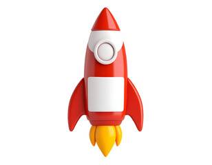 Red and white 3D rendered rocket taking off on a black background, symbolizing startup launch, business innovation, and rapid progress.