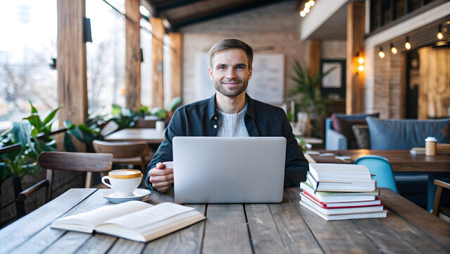 hybrid work concept. coffee badging at work. tech savvy freelancer working remotely in a cozy coffee shop. - Powered by Adobe