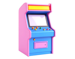 Pink and blue 3D render of a retro arcade game machine with blank screen, colorful buttons, and joystick, isolated on black background.