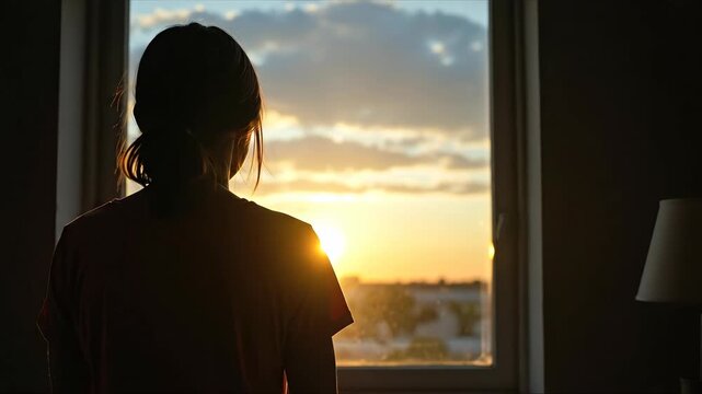 Silhouette of woman looking out window at golden sunset. Atmospheric and moody banner. Contemplation, solitude, and hope concept. Mental health and new beginnings