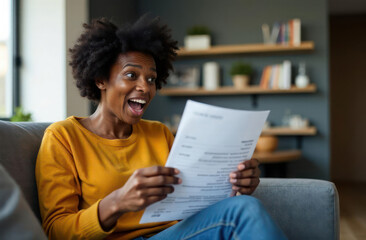 excited young african american woman holding document with joyful expression, sitting on sofa in modern living room at home. positive news, personal finance, lifestyle