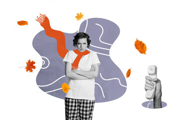 Composite photo collage of angry girl wear pajamas autumn windy weather storm hand hold telephone handset isolated on painted background