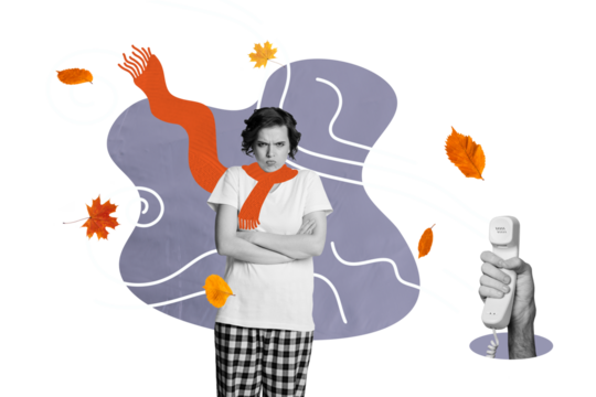 Composite photo collage of angry girl wear pajamas autumn windy weather storm hand hold telephone handset isolated on painted background