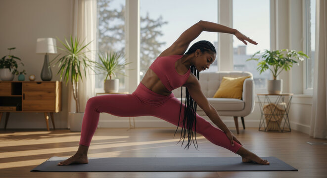 young african american woman practicing yoga inside sunlit living room, performing side stretch pose, dressed in pink activewear in modern home interior. health and wellness concept, fitness blog