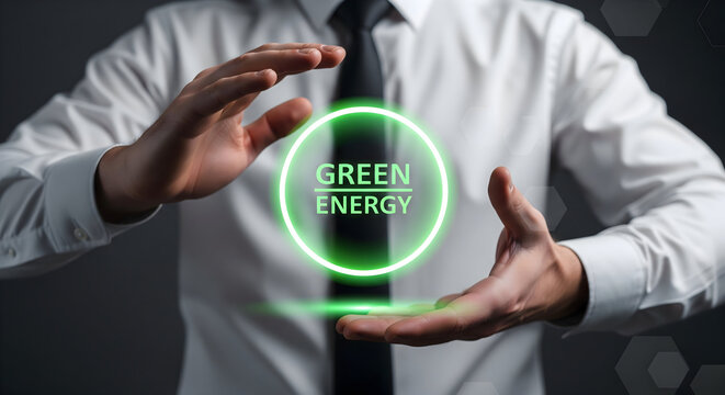 Professional hands cradle glowing green energy concept for sustainability future