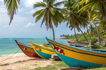 Fototapeta premium Brightly painted traditional fishing boats docked near tropical shore, colorful cultural lifestyle, coastal seascape charm, vibrant marine heritage scene