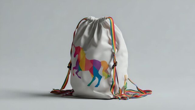Colorful unicorn design backpack with rainbow straps set against plain light grey background