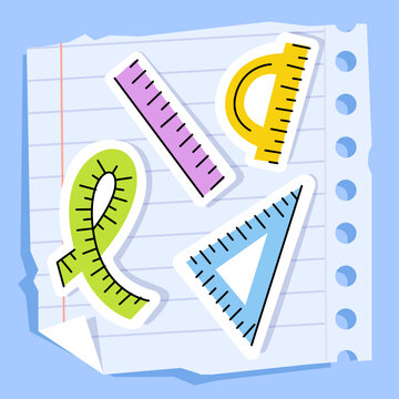 Vector illustration of colorful rulers and measuring tools stickers including protractor, triangle, tape measure, and straight ruler on a lined notebook page. Ideal for education, math, geometry