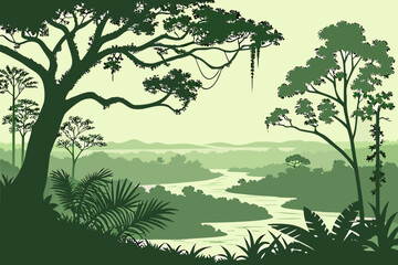 Lush Amazon Rainforest River Landscape Illustration.