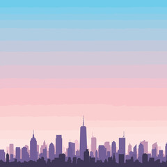 Obraz premium Cityscape silhouette with purple buildings and a pastel sky at dawn, showcasing urban skyline