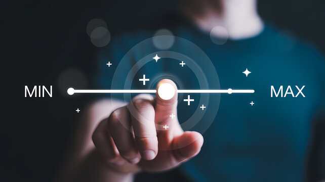 Digital Interface Displaying Slider Control with MIN and MAX Labels and Hand Interaction for Modern Adjustment and Customization