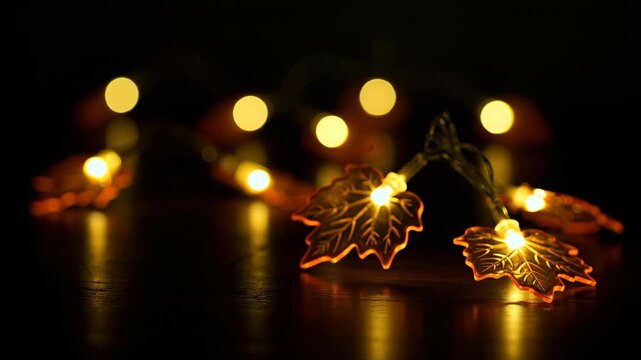 Glowing autumn leaf string lights on dark background with bokeh. Close-up of festive fairy lights. Cozy fall decoration concept. Thanksgiving and halloween holiday decor banner