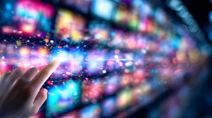 A hand pointing at a glowing digital screen displaying colorful, blurred media thumbnails in a futuristic interface.