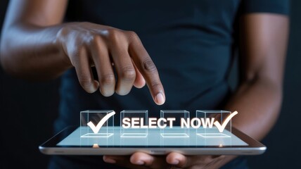 Person selects option on digital screen with glowing checkboxes and text