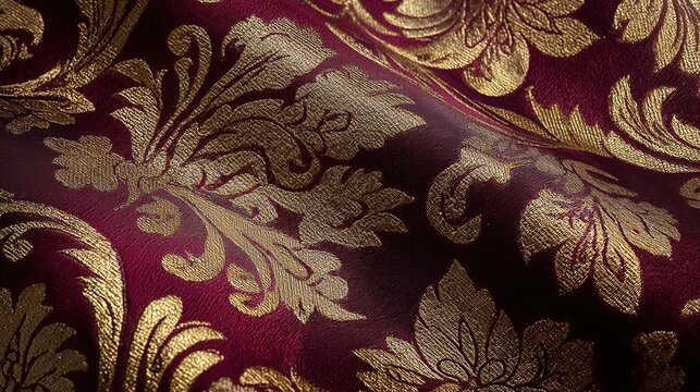 Luxurious damask fabric pattern, royal deep red and gold details