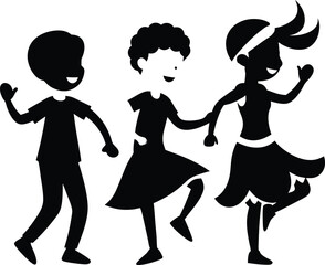 Black and White Silhouette of Three Dancing Children Joyfully