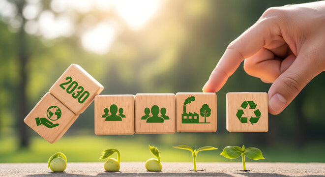 Sustainable future 2030 vision building blocks, eco-friendly industry, people, and recycling
