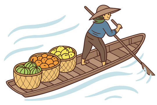 Person rowing boat with baskets of fruit.