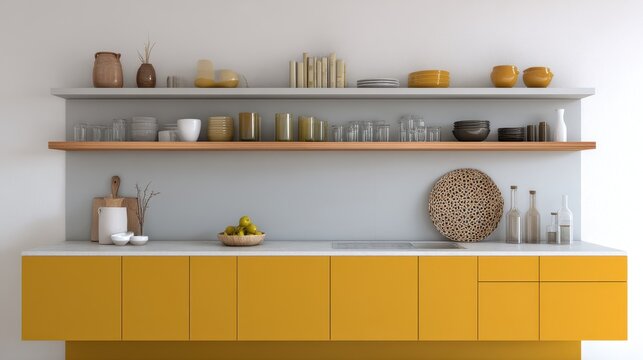 Modern kitchen with mustard yellow cabinets and light gray shelving.