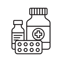 Medicine bottles and pills blister pack line icon. Vector illustration of pharmaceutical drugs, medication, and healthcare supplies.”
nt