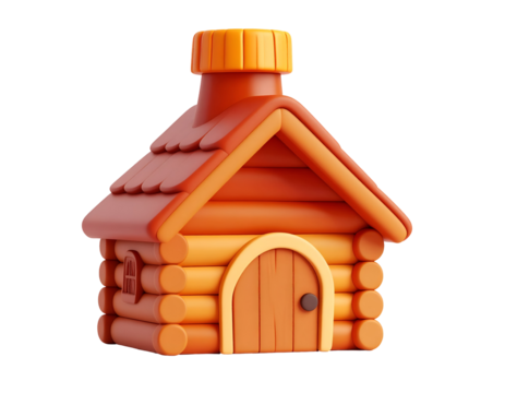 3D rendered cartoon log cabin house illustration with red roof and orange log walls, isolated on a black background.