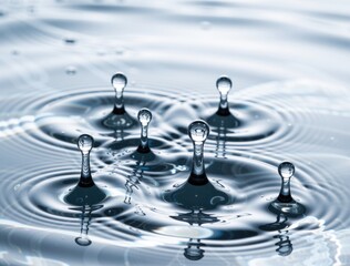 Water droplets creating concentric ripples on a tranquil surface