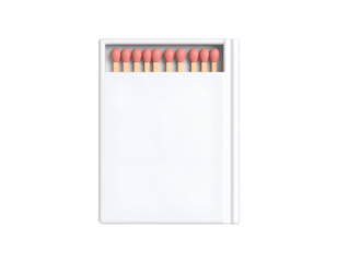 Minimalist 3D render of a white matchbox open, displaying new matches with pink tips, isolated on a black background.