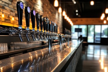 Rustic bar interior with row of beer taps on wooden counter for a cozy atmosphere