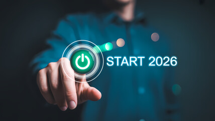 Fototapeta premium Digital Illustration of Hand Reaching to Press Vibrant Green Power Button with START Text for Modern Technology Concept in 2026 Innovation Interface