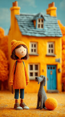 Cartoon girl in orange knitted sweater with dog and yellow ball in front of cozy wool house, 3D textured autumn illustration