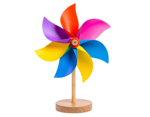 Vibrant Rainbow Pinwheel Toy on Wooden Stand Isolated Against Black Background