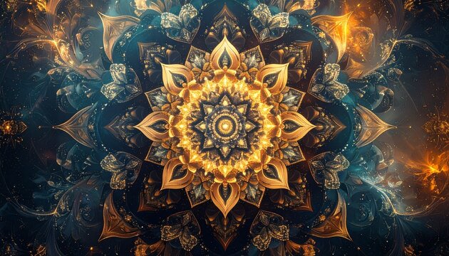 Intricate golden mandala design with radiating symmetrical patterns, set against a dark blue and gold swirling background.